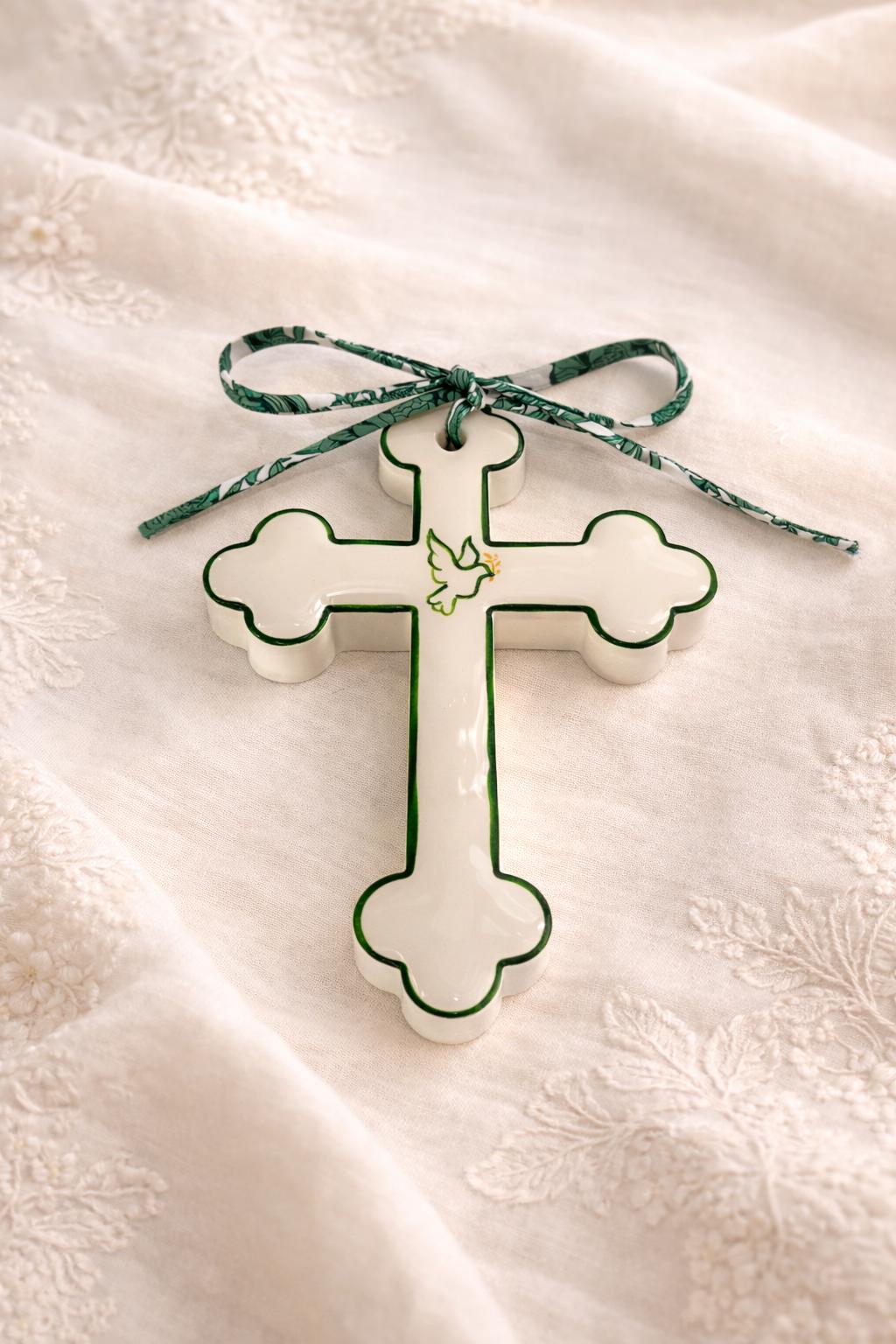 Croix décorative catholique verte, motif colombe et ruban Liberty
