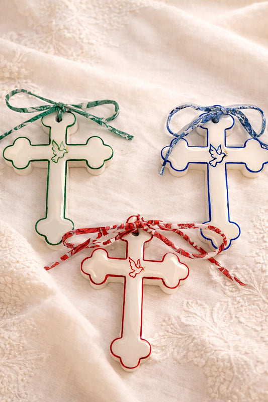 Trois croix décoratives catholiques peintes à la main, motif colombe, rubans Liberty