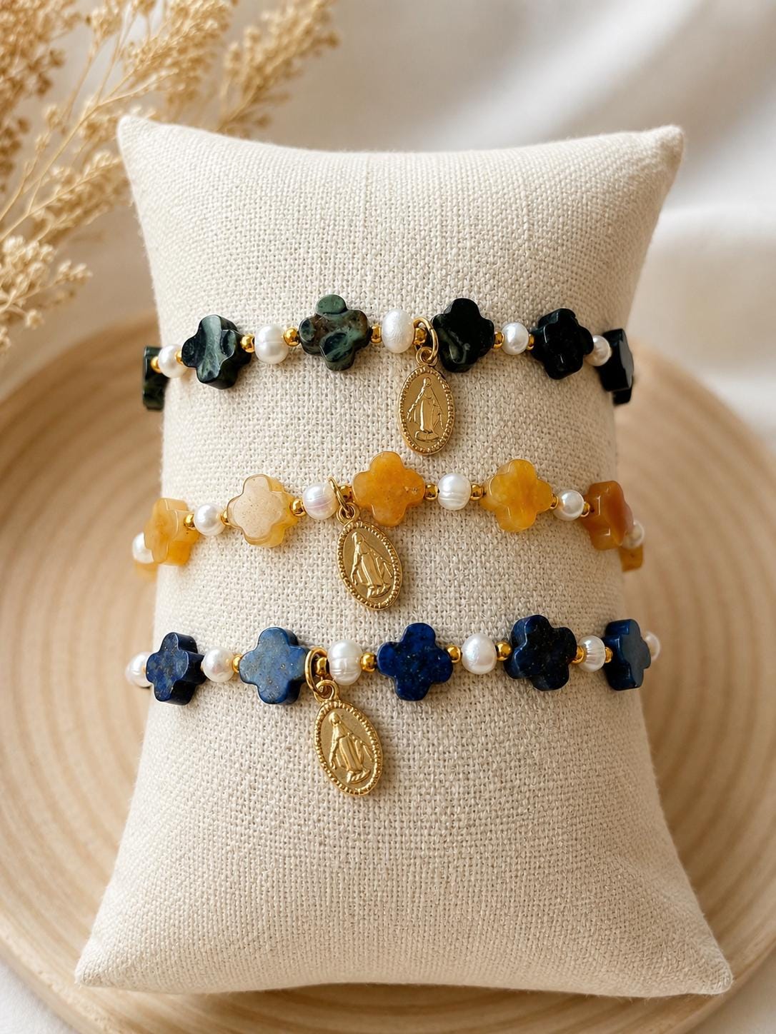 Bracelet Dizainier Vierge Marie en Pierres Naturelles | Perles d'Eau Douce & Acier Inoxydable Doré | Cadeau Catholique