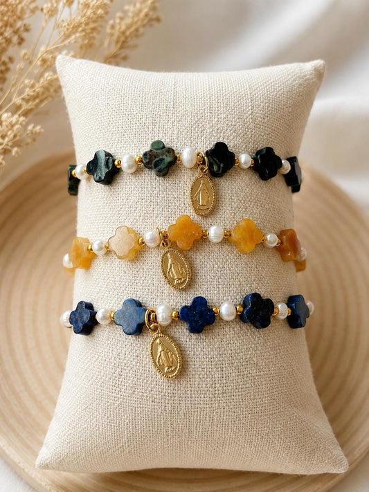 Bracelet Dizainier Vierge Marie en Pierres Naturelles | Perles d'Eau Douce & Acier Inoxydable Doré | Cadeau Catholique
